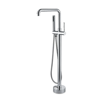 Chrome freestanding tub faucet with round column, right-angle tube spout, vertical pin lever and handheld — SANIKB SF574 12 01 2