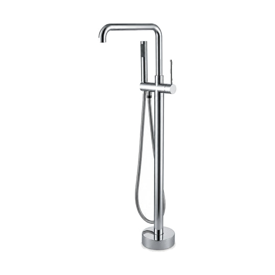 Chrome freestanding tub faucet with round column, right-angle tube spout, vertical pin lever and handheld — SANIKB SF574 12 01 2