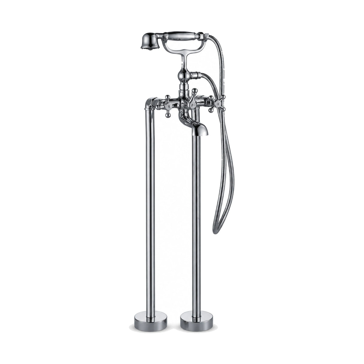 Chrome traditional tub faucet on two floor risers with bridge mixer, cross handles and telephone handheld — SANIKB S125 04 01 2