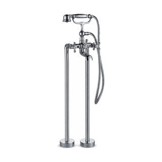 Chrome traditional tub faucet on two floor risers with bridge mixer, cross handles and telephone handheld — SANIKB S125 04 01 2