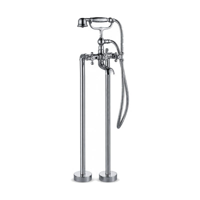 Chrome traditional tub faucet on two floor risers with bridge mixer, cross handles and telephone handheld — SANIKB S125 04 01 2