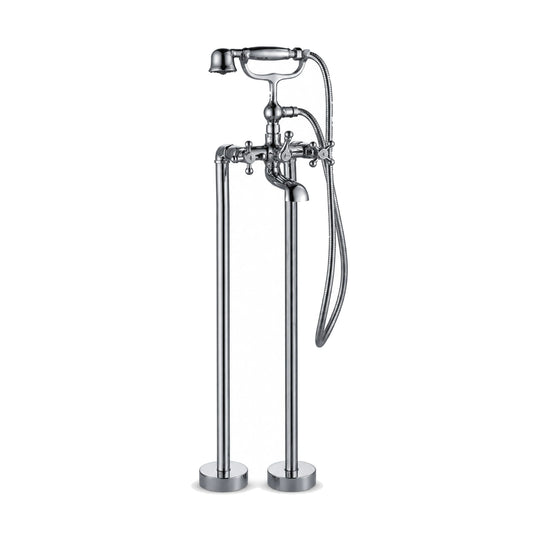 Chrome traditional tub faucet on two floor risers with bridge mixer, cross handles and telephone handheld — SANIKB S125 04 01 2