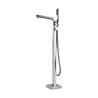 Chrome freestanding tub faucet, square column bending into flat spout, three stacked knobs and handheld — SANIKB SF289 22 01 1