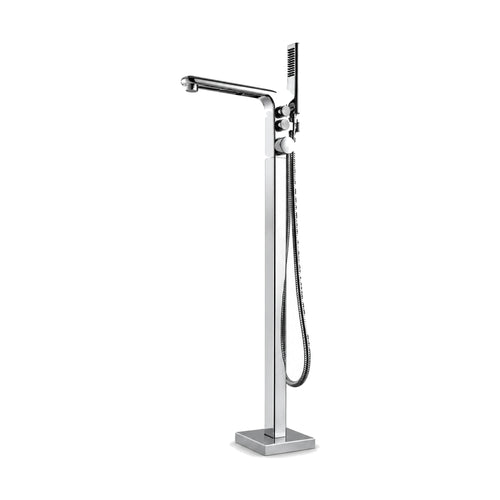 Chrome freestanding tub faucet, square column bending into flat spout, three stacked knobs and handheld — SANIKB SF289 22 01 1