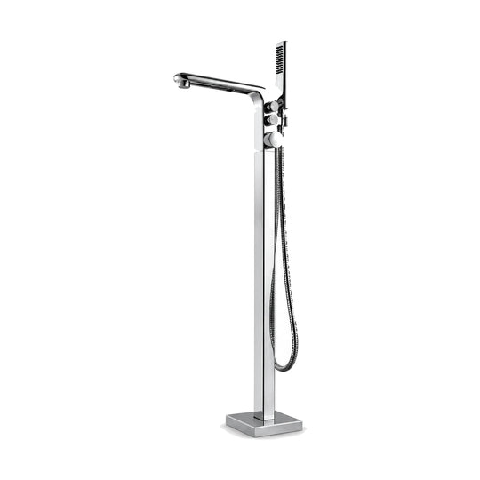 Chrome freestanding tub faucet, square column bending into flat spout, three stacked knobs and handheld — SANIKB SF289 22 01 1