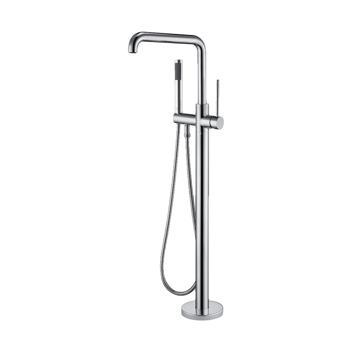 Freestanding tub faucet with round column on disc base, high inverted-L tube spout, pin lever and handheld — SANIKB DL-08 412-CP