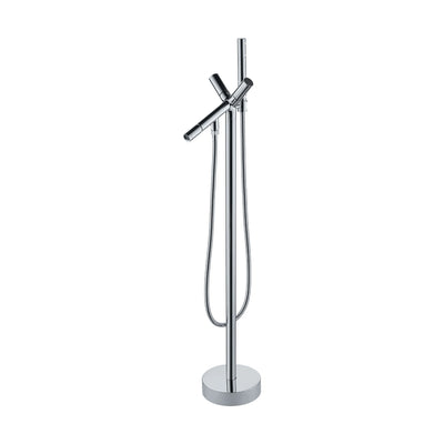 Chrome freestanding tub faucet with thin column, diagonal tube spout crossed by bar lever and handheld — SANIKB DL-08 405-CP