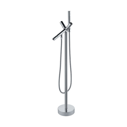 Chrome freestanding tub faucet with thin column, diagonal tube spout crossed by bar lever and handheld — SANIKB DL-08 405-CP