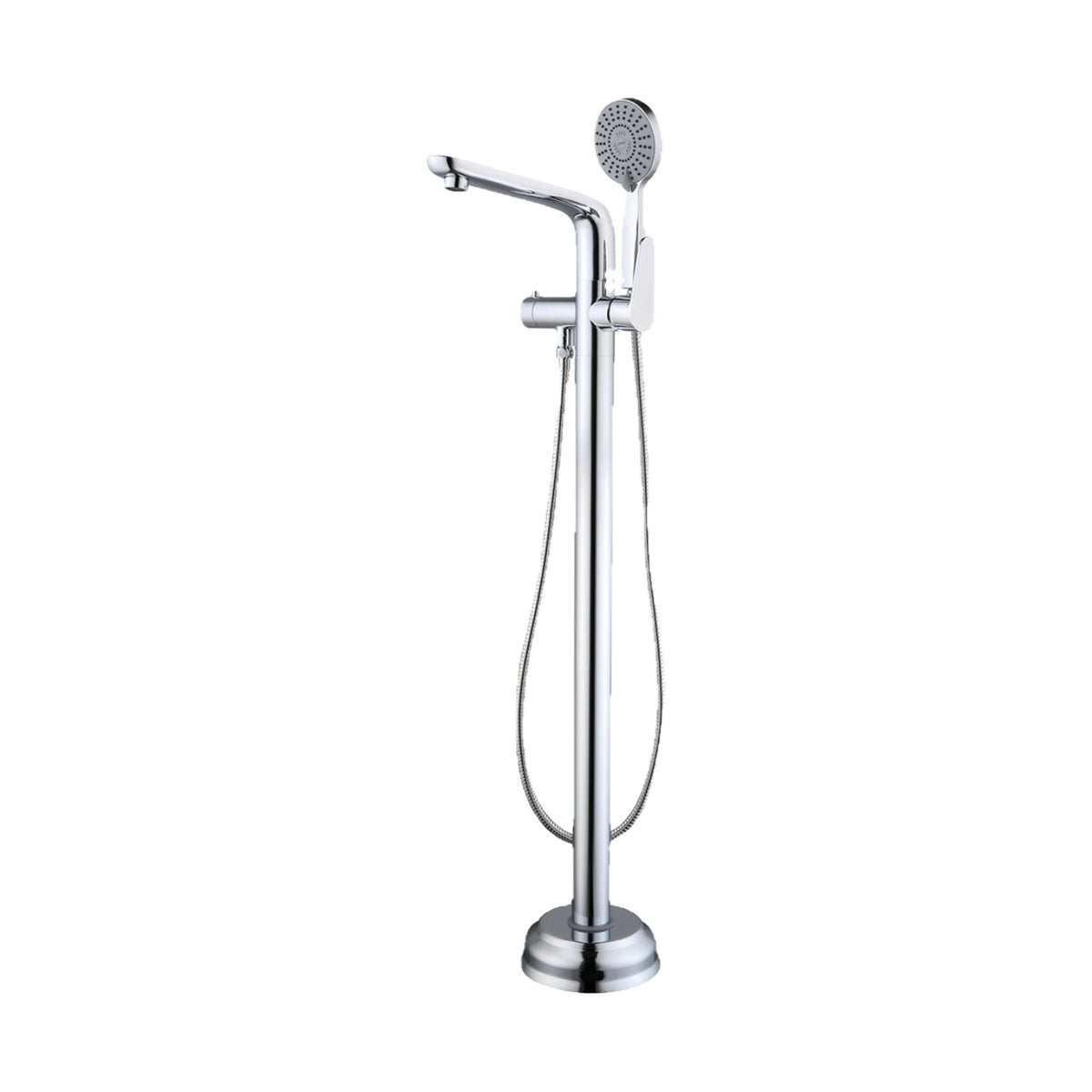 Chrome freestanding tub faucet on stepped bell base with curved spout, side lever and round hand shower — SANIKB DL-08 410-CP