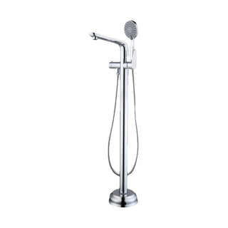Chrome freestanding tub faucet on stepped bell base with curved spout, side lever and round hand shower — SANIKB DL-08 410-CP
