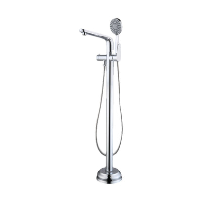 Chrome freestanding tub faucet on stepped bell base with curved spout, side lever and round hand shower — SANIKB DL-08 410-CP