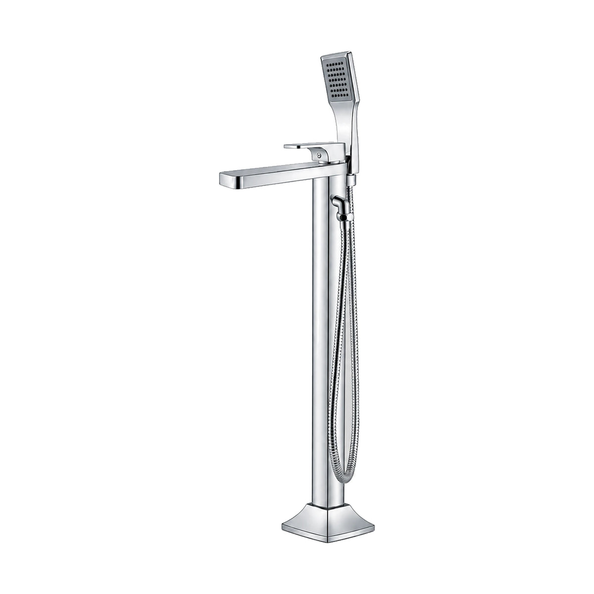 Chrome freestanding tub faucet with tapered square column, long flat spout, flat lever and handheld — SANIKB DL-08 415-CP