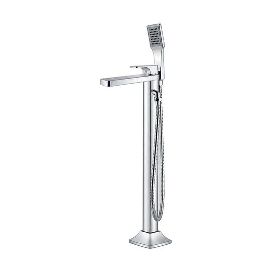 Chrome freestanding tub faucet with tapered square column, long flat spout, flat lever and handheld — SANIKB DL-08 415-CP