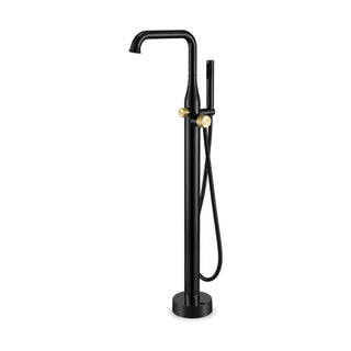 Matte black freestanding tub faucet with right-angle flared spout, two brushed gold knobs and handheld — SANIKB SF290 12 56 2