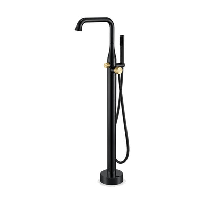 Matte black freestanding tub faucet with right-angle flared spout, two brushed gold knobs and handheld — SANIKB SF290 12 56 2