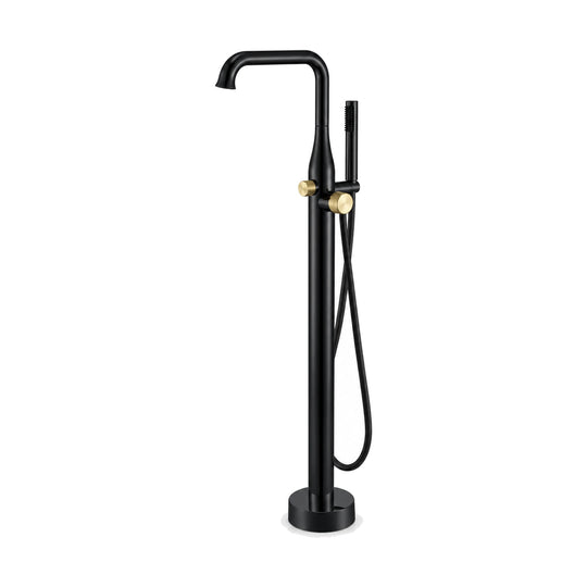 Matte black freestanding tub faucet with right-angle flared spout, two brushed gold knobs and handheld — SANIKB SF290 12 56 2