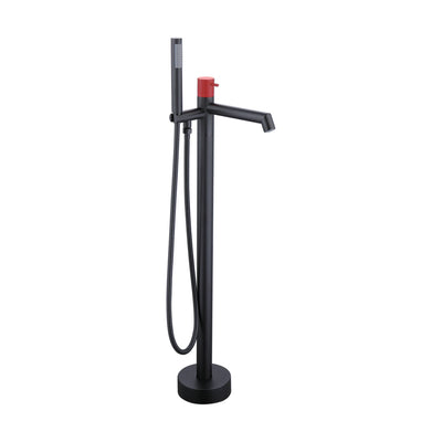 Matte Black & Red — Freestanding tub faucet with slim black column, straight tube spout, red top lever and side-rod handheld — SANIKB DL-08 408-HH