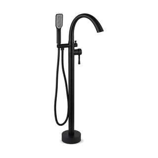 Matte black freestanding tub faucet with arched spout, side lever and flat-head handheld on top cradle — SANIKB SF285 12 31 2