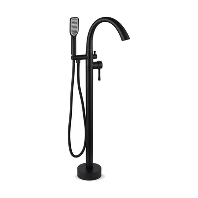 Matte black freestanding tub faucet with arched spout, side lever and flat-head handheld on top cradle — SANIKB SF285 12 31 2