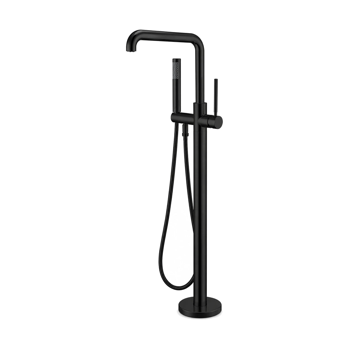 Matte Black — Freestanding tub faucet with round column on disc base, high inverted-L tube spout, pin lever and handheld — SANIKB DL-08 412-BK