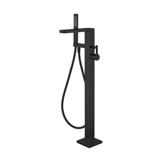 Matte black freestanding tub faucet with square column, flat spout, round-hub pin lever and docked handheld — SANIKB DL-08 413-BK