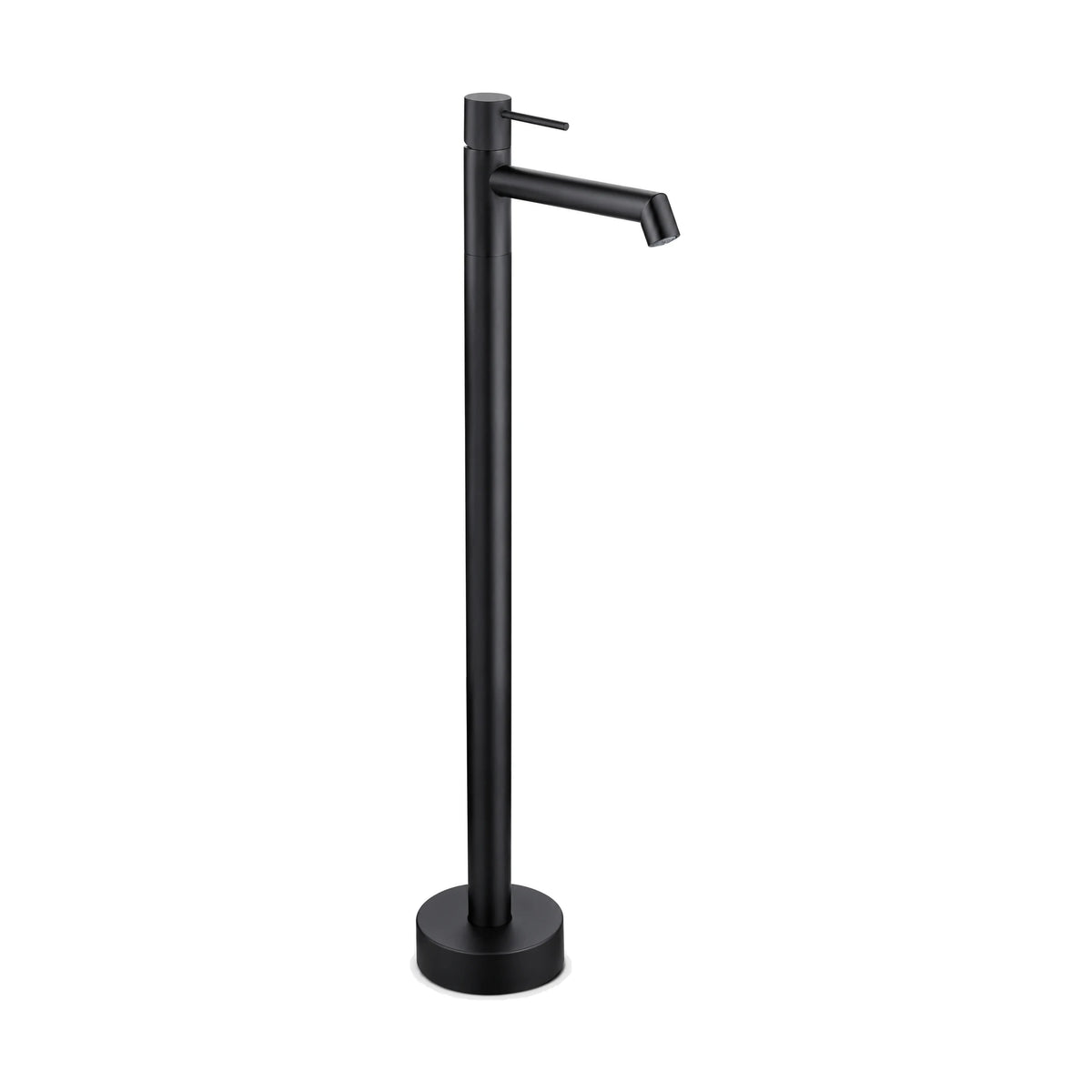 Matte black spout-only freestanding tub faucet with slim column, short angled tube spout and top pin lever — SANIKB DL-08 407-BK