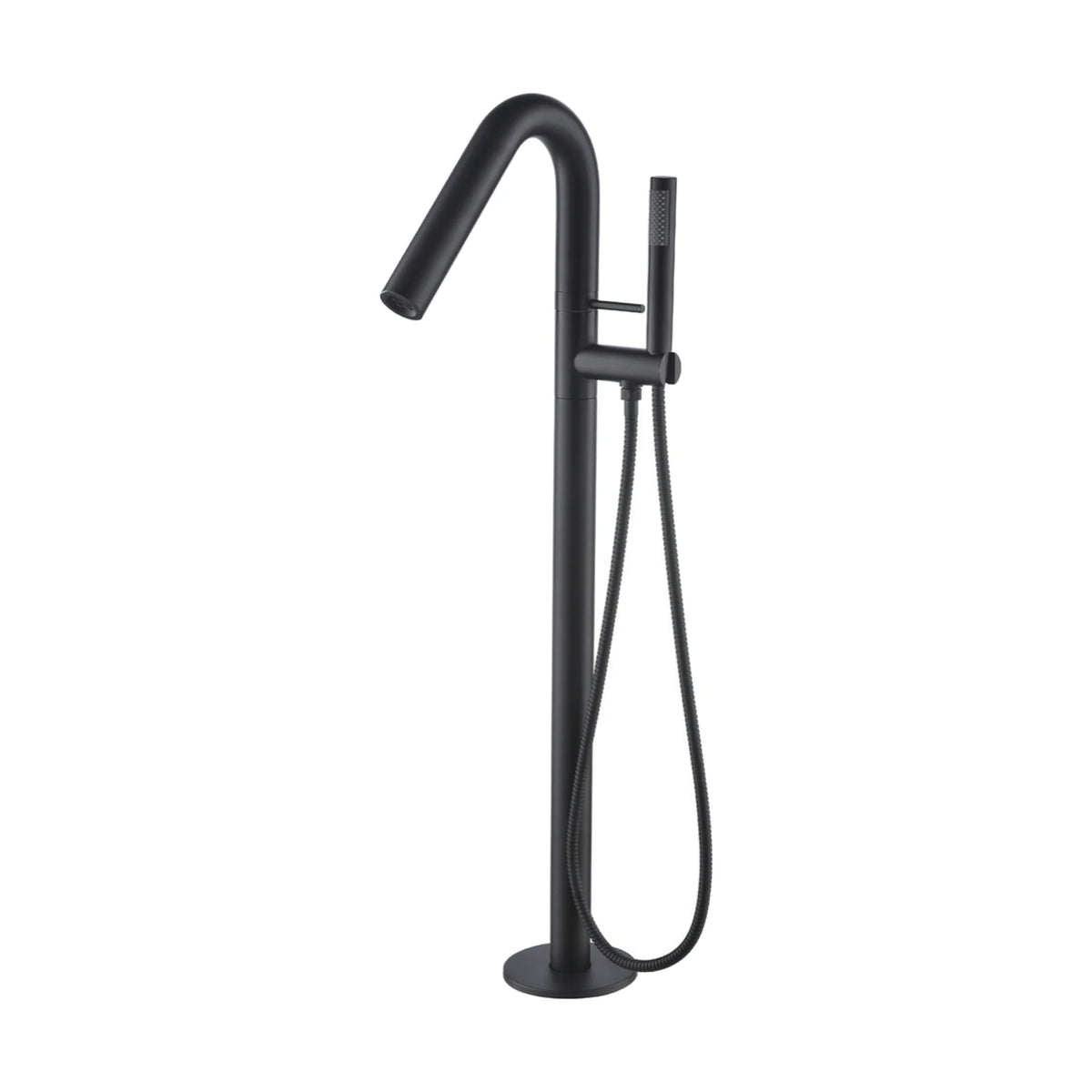 Matte black freestanding tub faucet with hook-shaped tube spout, angle-cut outlet, pin lever and handheld — SANIKB DL-08 411-BK