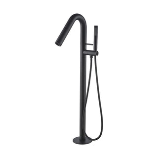 Matte black freestanding tub faucet with hook-shaped tube spout, angle-cut outlet, pin lever and handheld — SANIKB DL-08 411-BK