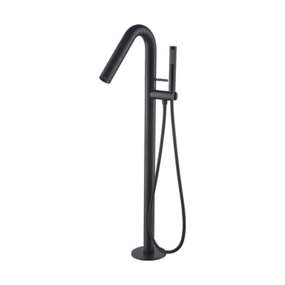Matte black freestanding tub faucet with hook-shaped tube spout, angle-cut outlet, pin lever and handheld — SANIKB DL-08 411-BK
