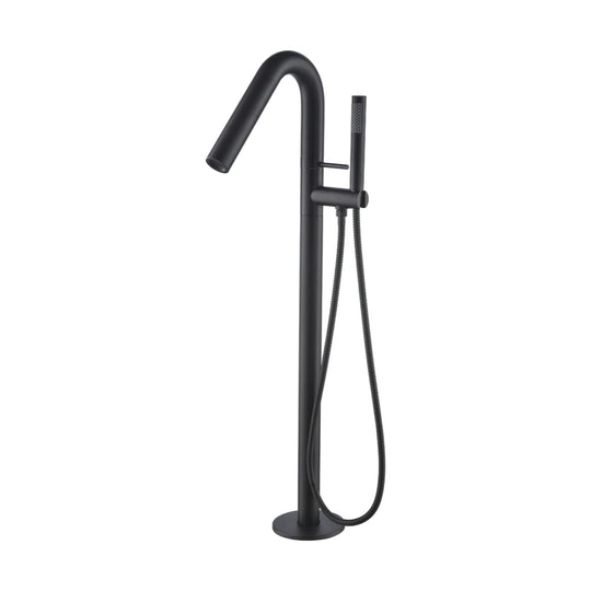 Matte black freestanding tub faucet with hook-shaped tube spout, angle-cut outlet, pin lever and handheld — SANIKB DL-08 411-BK