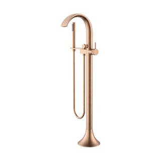 Rose gold freestanding tub faucet with flared trumpet base, arched spout, side lever, knob and handheld — SANIKB SF030 12 36 8
