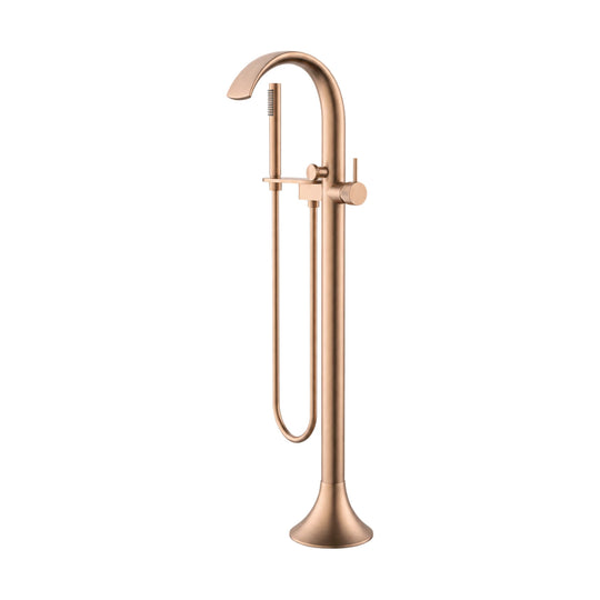Rose gold freestanding tub faucet with flared trumpet base, arched spout, side lever, knob and handheld — SANIKB SF030 12 36 8