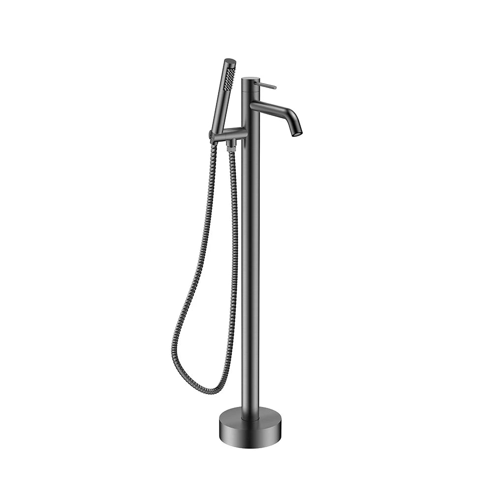 Gunmetal grey freestanding tub faucet for bathroom, stainless steel body, single-lever floor-mount filler with hand shower — SANIKB FYF-9150.