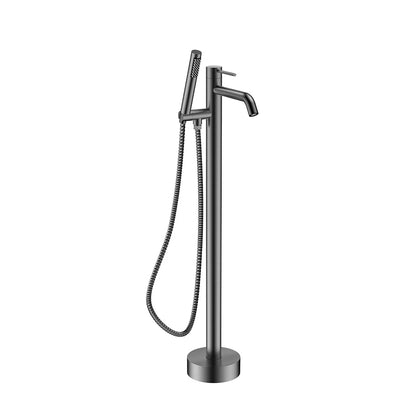 Gunmetal grey freestanding tub faucet for bathroom, stainless steel body, single-lever floor-mount filler with hand shower — SANIKB FYF-9150.