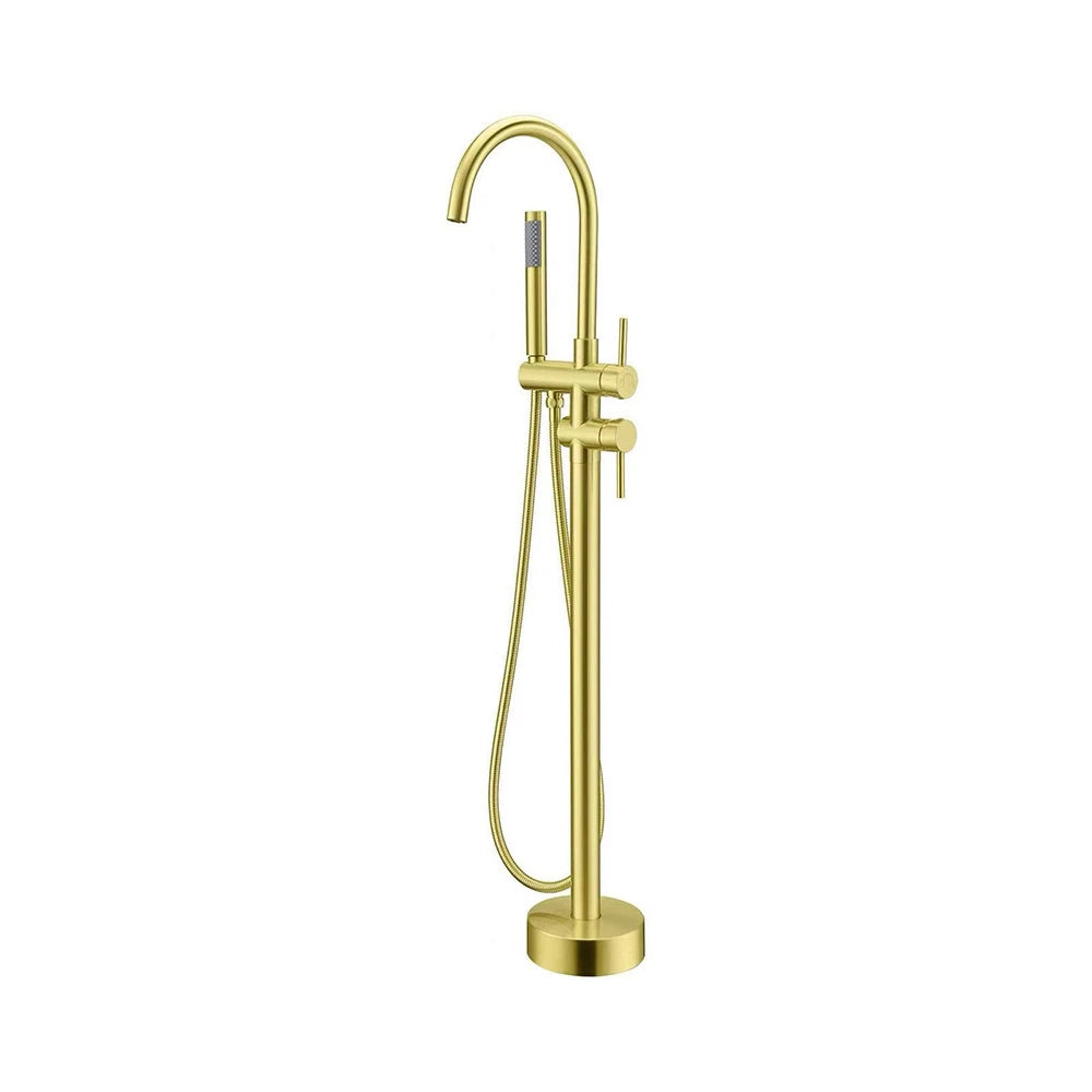 Brushed gold freestanding tub faucet for bathroom, stainless steel body, gooseneck spout with hand shower — SANIKB FYF-9103-3.
