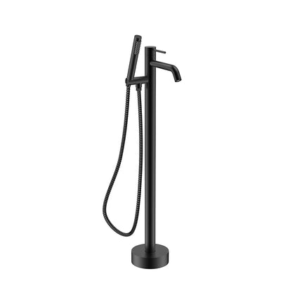 Matte black freestanding tub faucet for bathroom, stainless steel body, round floor base and coiled handheld shower — SANIKB FYF-9150.