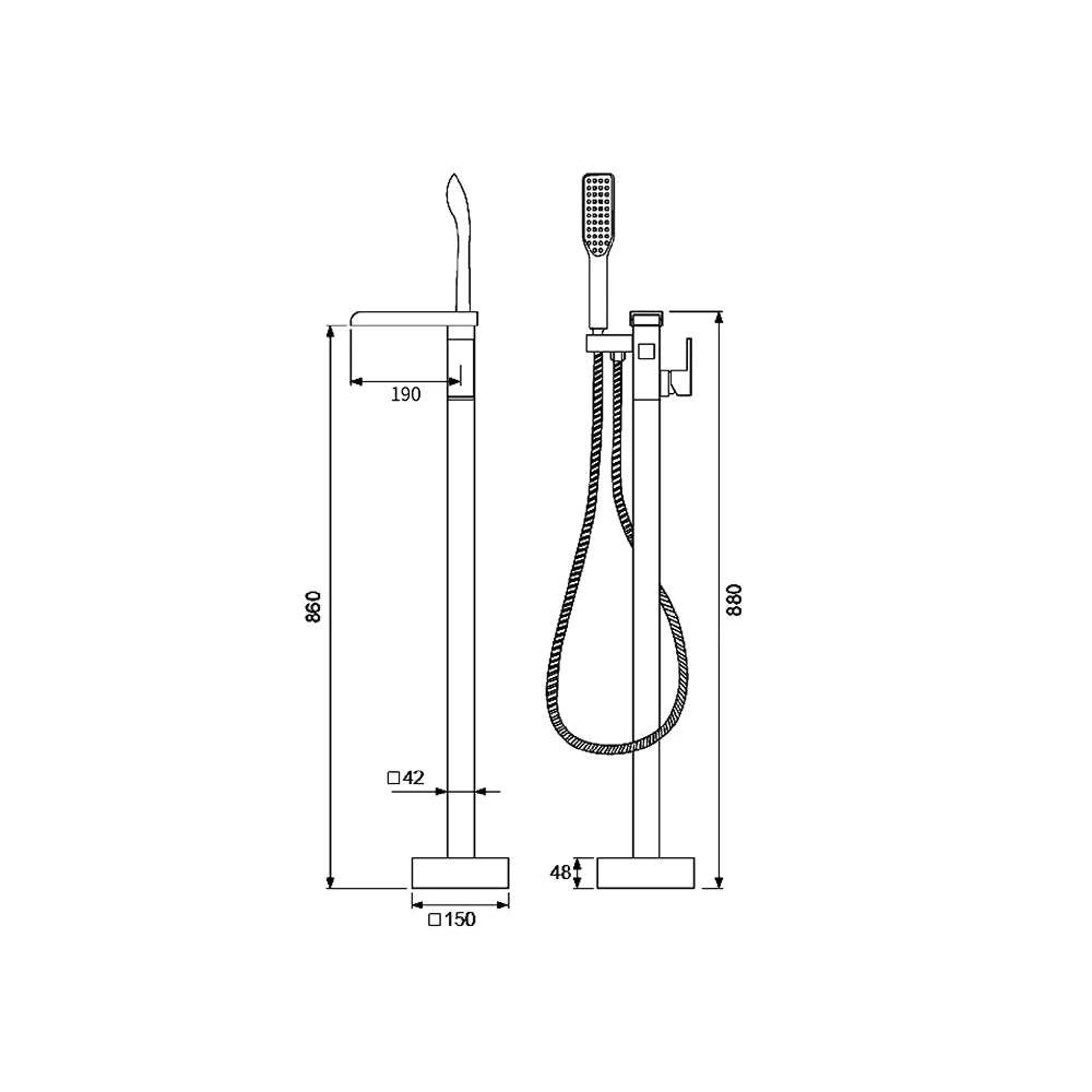 Dimensioned spec drawing for SANIKB FYGF-9121-1 freestanding tub faucet, front and side views (860/880 mm tall).