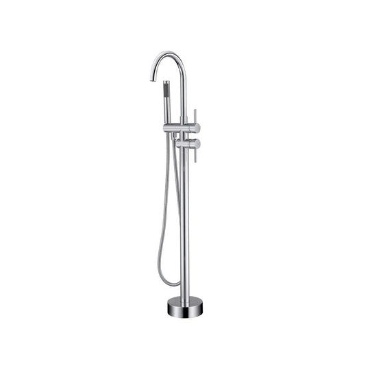 Polished chrome freestanding tub faucet for bathroom, stainless steel body, gooseneck spout with handheld shower — SANIKB FYF-9103-3.