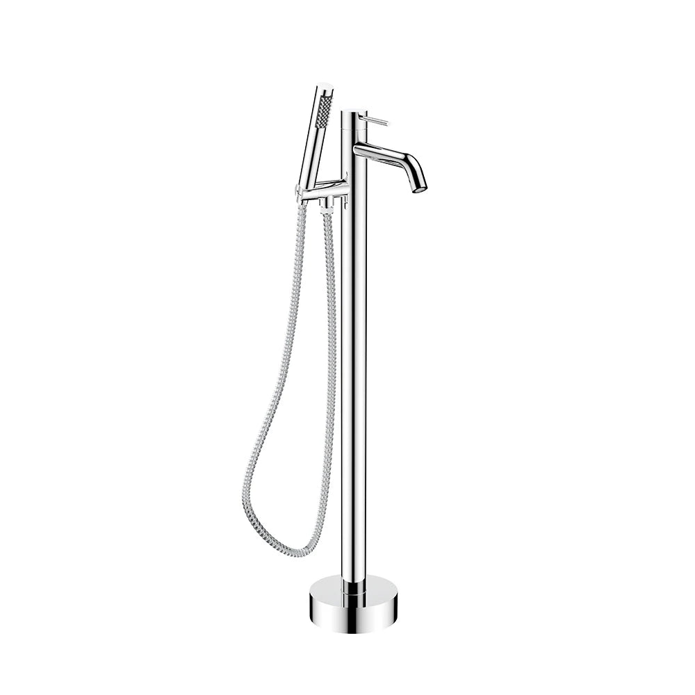 Polished chrome freestanding tub faucet for bathroom, stainless steel body, floor-mounted riser with handheld shower — SANIKB FYF-9150.
