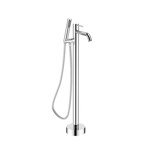 Polished chrome freestanding tub faucet for bathroom, stainless steel body, floor-mounted riser with handheld shower — SANIKB FYF-9150.