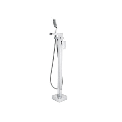 Polished chrome freestanding tub faucet for the bath, stainless steel body, squared spout and handheld shower — SANIKB FYGF-9121-1.