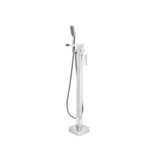 Polished chrome freestanding tub faucet for the bath, stainless steel body, squared spout and handheld shower — SANIKB FYGF-9121-1.