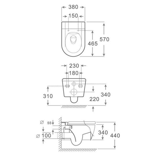 SANIKB FT-111 wall-hung toilet dimension drawing, 570 × 380 × 340 mm