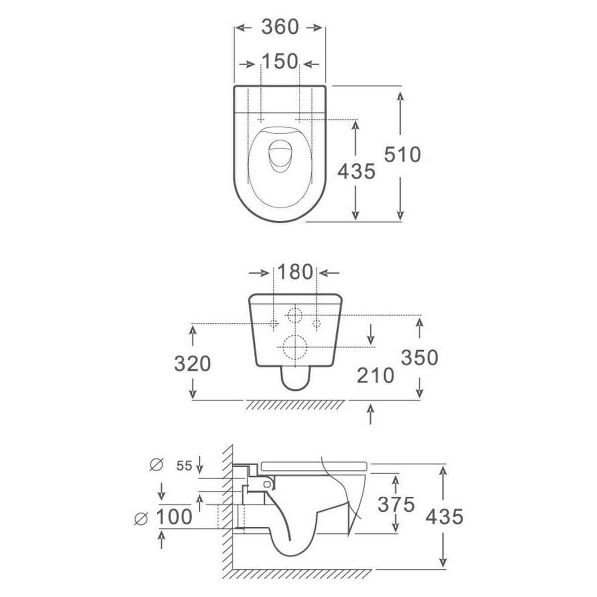 SANIKB FT-114 wall-hung toilet dimension drawing, 510 × 360 × 375 mm
