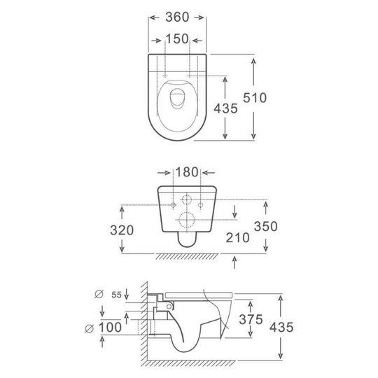 SANIKB FT-114 wall-hung toilet dimension drawing, 510 × 360 × 375 mm