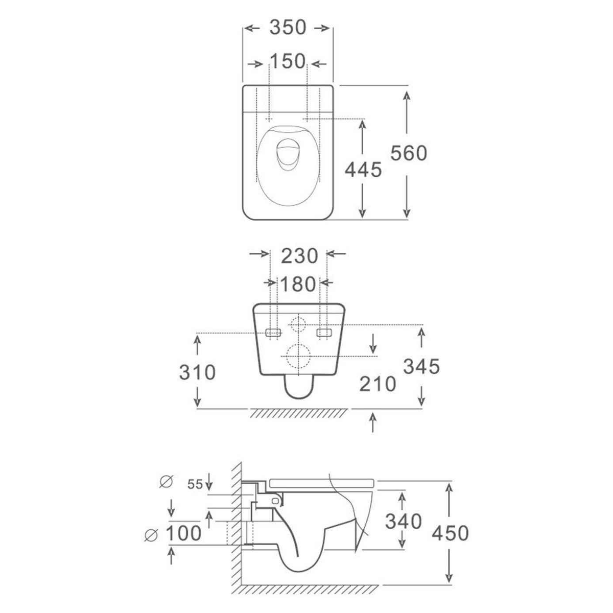 SANIKB FT-116 wall-hung toilet dimension drawing, 560 × 350 × 340 mm