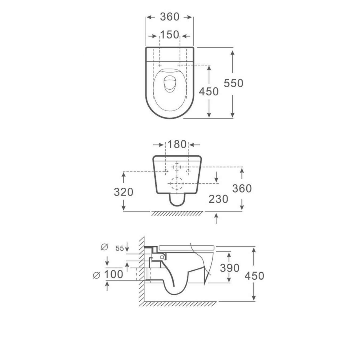 SANIKB FT-135 wall-hung toilet dimension drawing, 550 × 360 × 390 mm