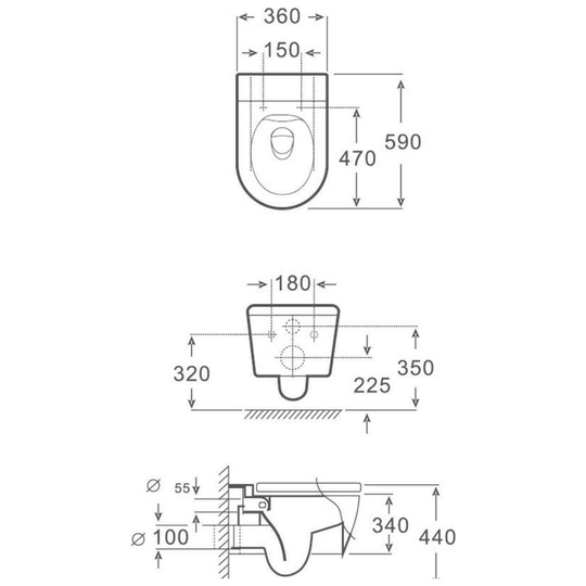 SANIKB FT-150 wall-hung toilet dimension drawing, 590 × 360 × 340 mm