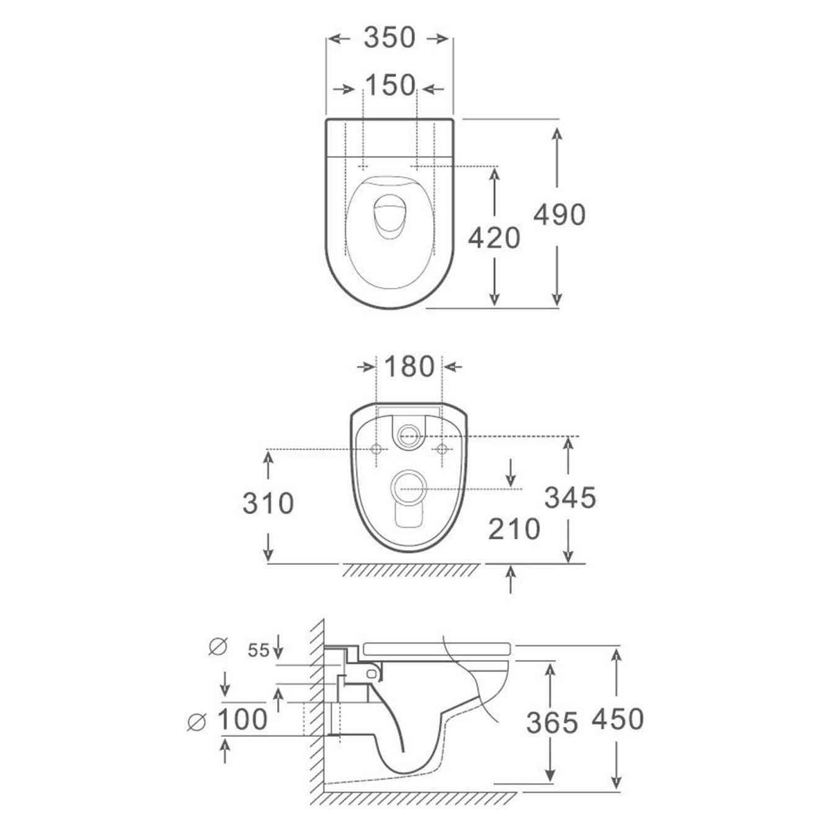 SANIKB FT-190 wall-hung toilet dimension drawing, 490 × 350 × 365 mm