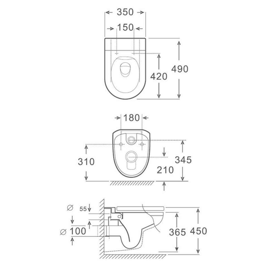 SANIKB FT-190 wall-hung toilet dimension drawing, 490 × 350 × 365 mm